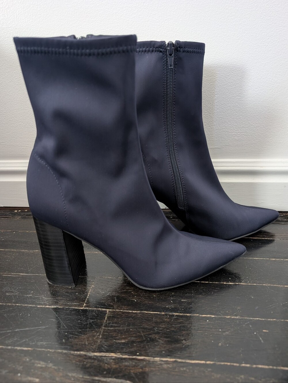 Jeffrey Campbell Navy Pointed Neoprene Siren Bootie with Block Heel